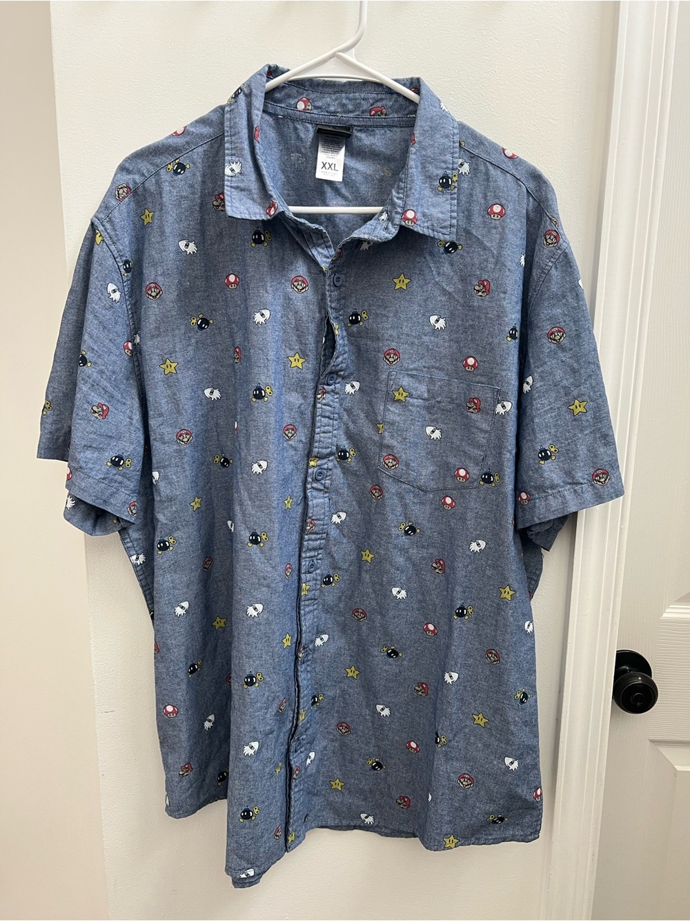 Super Mario Button Up Shirt Adult Blue Men XXL Nintendo 2017